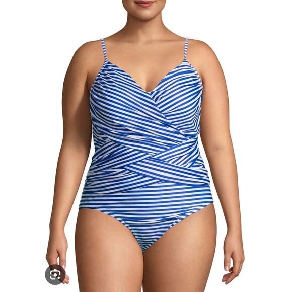 Nicole Miller Studio Swimsuit Plus Size 3X Blue White Striped Criss Cross - Picture 1 of 7